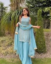 Party Wear Powder Blue Faux Georgette Kurta Palazzo With Dupatta For Women