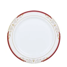 10" White Round Salad Plates Red Gold Trim Party Wedding Disposable Tableware
