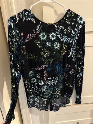 H & M Sz 8 Black Long Sleeve Floral Printed Blouse, Buttons Up Back, EUC!
