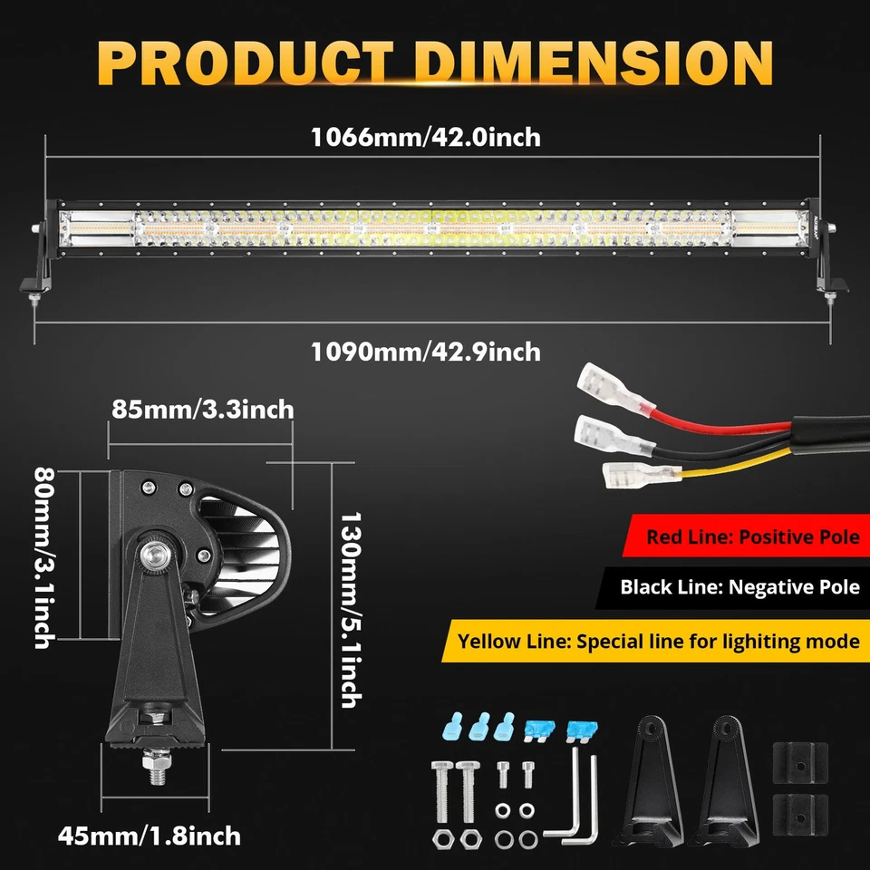 AUXBEAM 42" LED Light Bar Strobe White Amber Off Road For Chevy Silverado GMC - Image 2 of 4