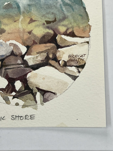 Bridget Austin Miniature Org Water Painting Rock Shore Of Lake 5x5” Fine Art - Bild 5 von 9