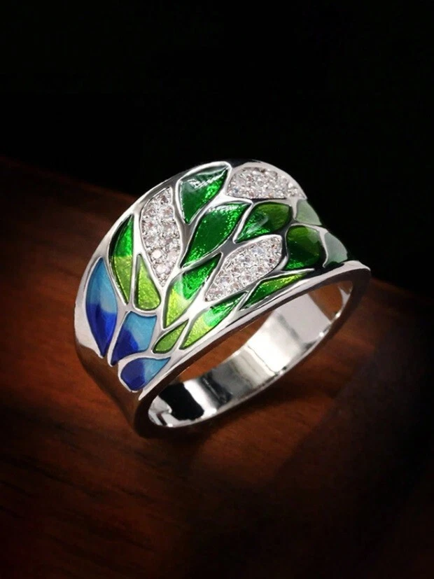 Anillo ancho elegante de plata 935 para mujer con zafiro fino simulado de 0,48 quilates y esmalte Foto 3 de 4