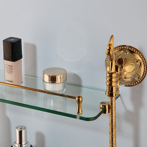 Luxury Gold Bathroom Wall Mount Shower Gel Shampoo Storage Glass Shelf 2 Layer - Picture 9 of 12