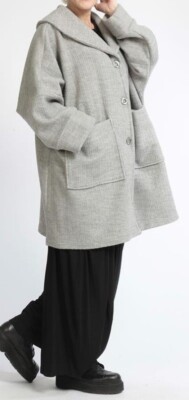 ÜBERGRÖSSE GEKOCHTE WOLLE GRAU OVERSIZED FLEDERMAUS LONG JACKE MIT KRAGEN Gr. 24-28