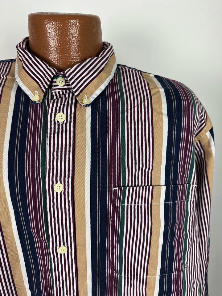 Camisa masculina listrada vintage anos 90 ajuste apertado XL manga longa botão para baixo John Ashford - Imagem 2 de 4