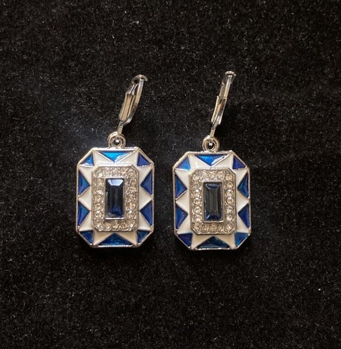 Square Silver Blue Sapphire Lab-Created Gemstone Earrings Dangle Drop 1” Inch - 第 5/9 張圖片