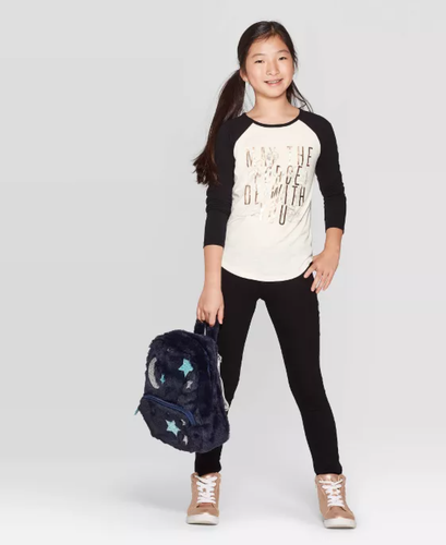 Girls' Star Wars Black Long Sleeve Princess Leia R2D2 Raglan T-Shirt NWT - Picture 3 of 3