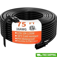 75 Ft Waterproof Outdoor Extension Cord 16AWG 3 Prong Heavy Duty 10A SJTW New
