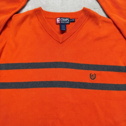 Vintage Chaps Ralph Lauren Mens XL V-Neck Knitted Sweater Orange Pullover Cotton - Picture 5 of 11