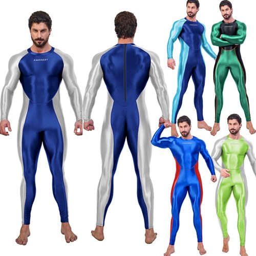 AMORESY Men Glossy Bodysuit Jumpsuits Tracksuits Overalls Activewear Sets Tights - Picture 24 of 33