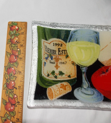 Peggy Karr Fused Glass Rectangle Plate Wine Grapes Fruit Cheese Signed 10” x 6" - Picture 3 of 19