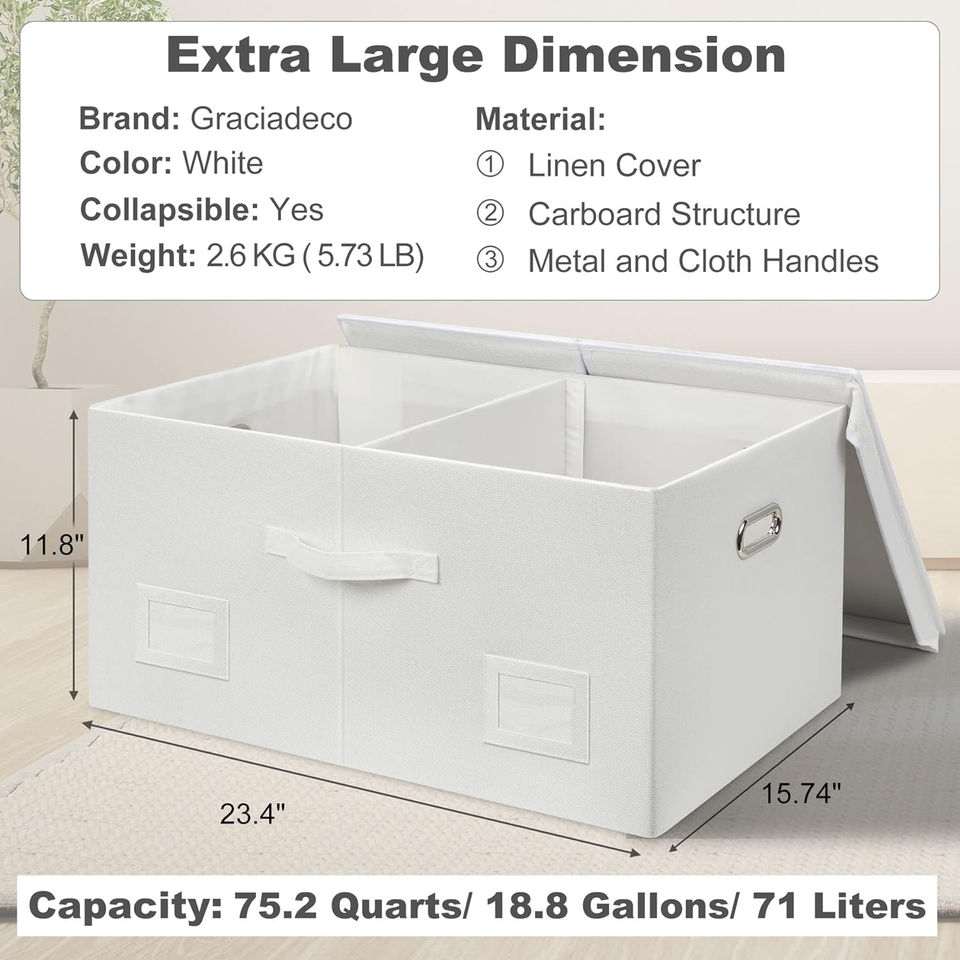 75 Quarts Extra Large Decorative Storage Bins with Lids, 1 Pack White