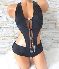 Monokini Strass Bikini Body Badeanzug  Sexy Gogo Einteiler  schwarz XS 34