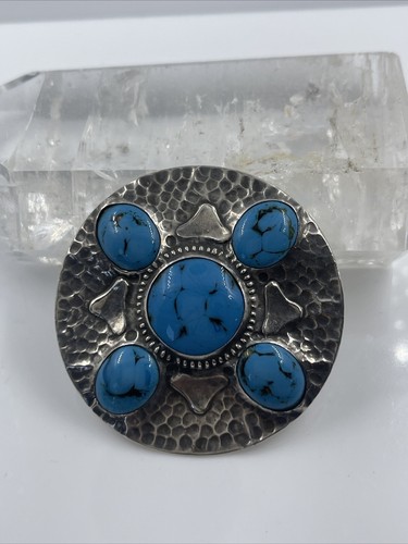Vintage Blue Turquoise 925 Sterling Silver Round Brooch pin - Picture 2 of 5