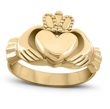 Solid 14K Yellow Gold Claddagh Ring, Large Irish Celtic Band, Heart Hands Ring