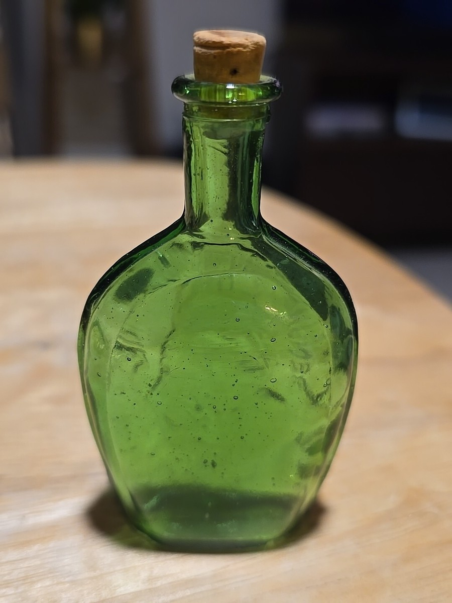 『MADE IN FINLAND 』VINTAGE GLASS BOTTLES Vintage Benjamin Franklin 3in Miniature Green Glass Bottle with