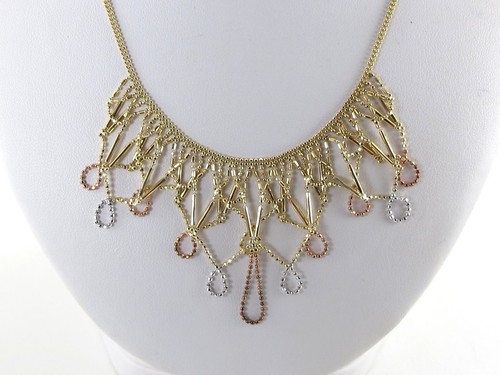 14k Yellow White And Rose Gold Ball Bead Necklace 16" - Picture 1 of 10