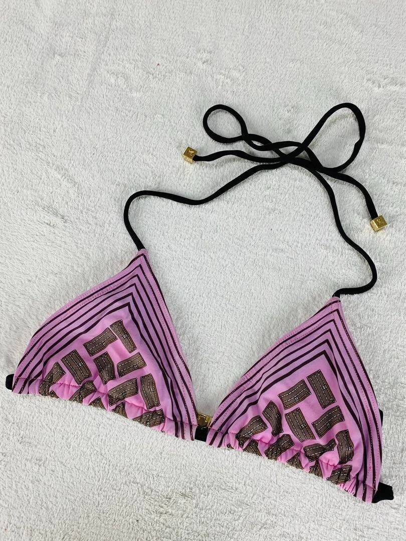 LOUIS VUITTON SwimSuit Bikini Top Bottom Set M Size 38 Thong Lace Logo Charm