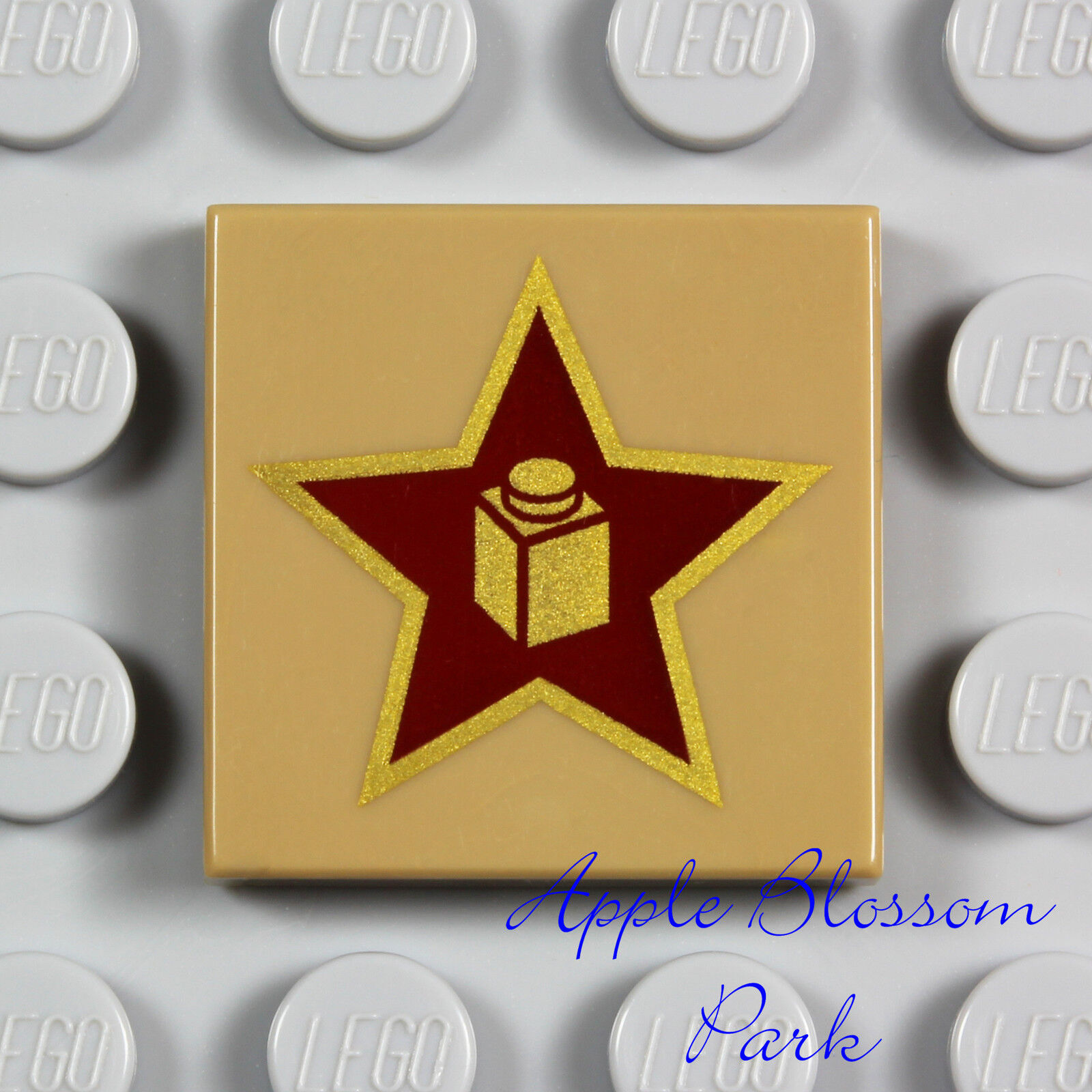 NEW Lego RED & METALLIC GOLD STAR w/BRICK 2x2 Printed Dark Tan Flat Minifig Tile