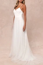 Lulus Love Perfection White Lace Tulle Pearl Beaded Maxi Dress Sz XL Womens Whit