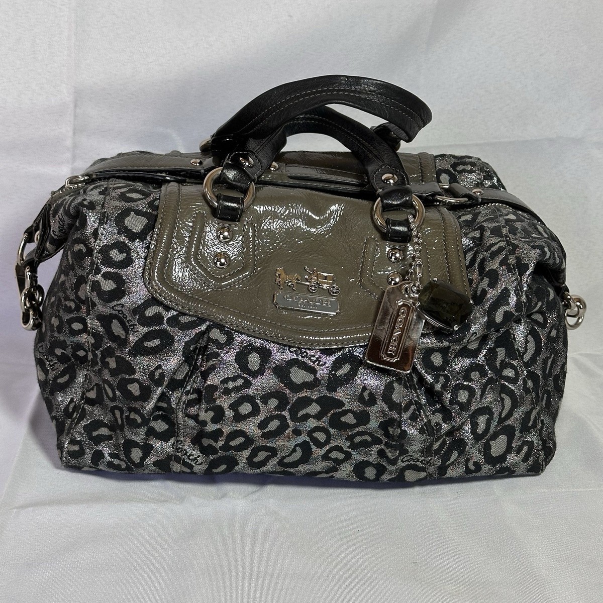 Coach Metallic Silver/Black Ocelot Leopard Madison Satchel Handbag