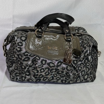 Coach Metallic Silver/Black Ocelot Leopard Madison Satchel Handbag