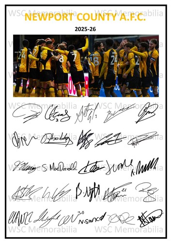 12278. 2025-26 Newport County Signed Team Photo Sheet (PRINTED AUTOGRAPHS - A4)