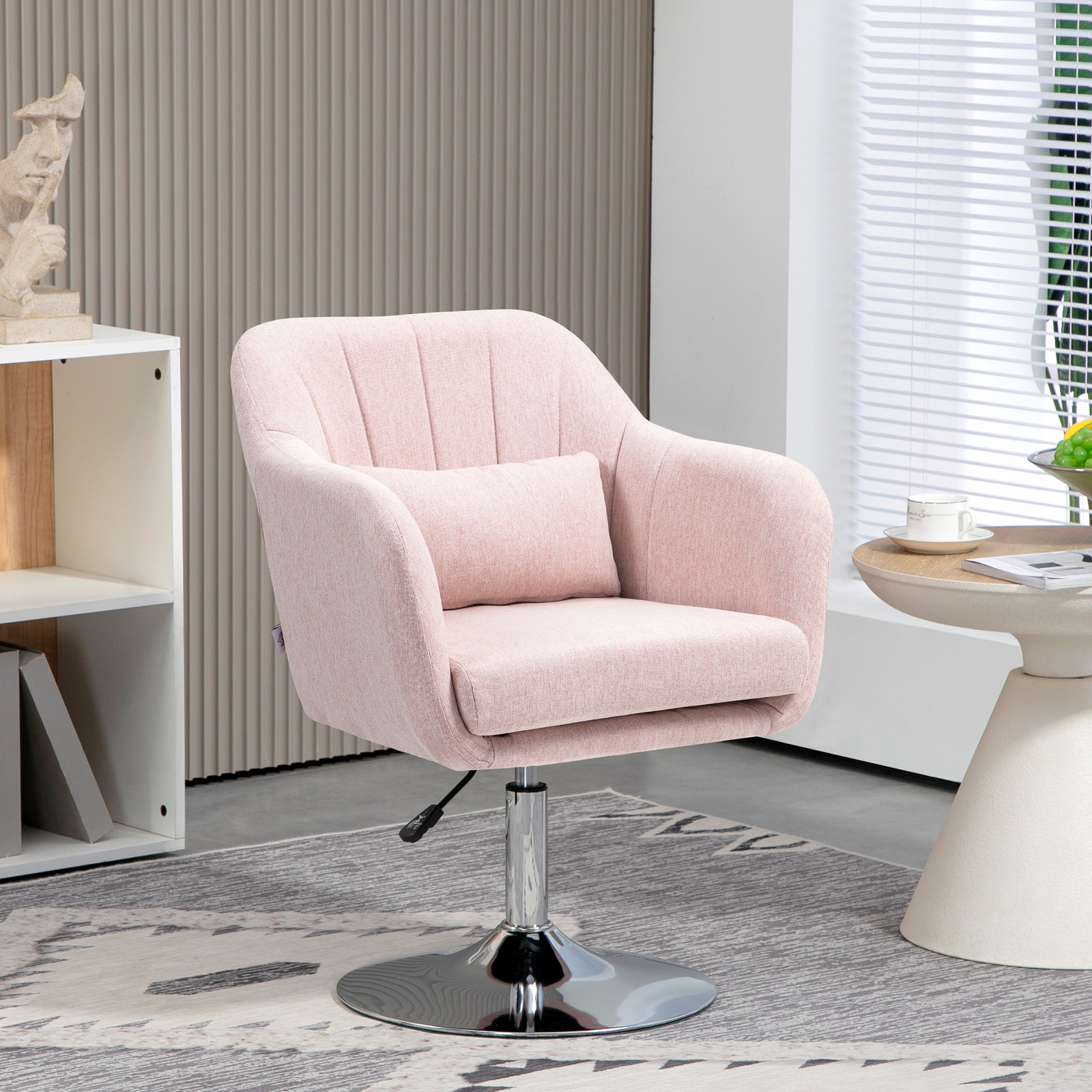 Pink Swivel Lounge Chair, 60x60x91cm, Linen & Steel, Adjustable Height, Retro