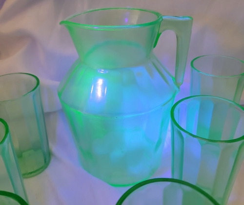 Set of 7 Uranium Tendril Green Glass Pattern Depression Era Tumbler & Pitcher - Picture 16 of 23