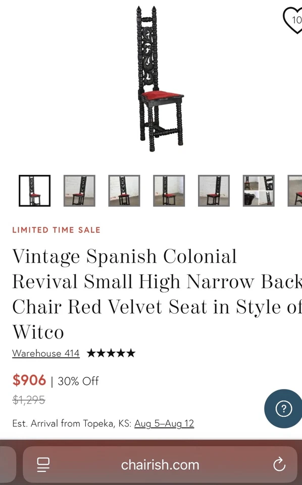 Silla pequeña vintage de terciopelo rojo con respaldo estrecho renacimiento colonial español en Foto 4 de 4