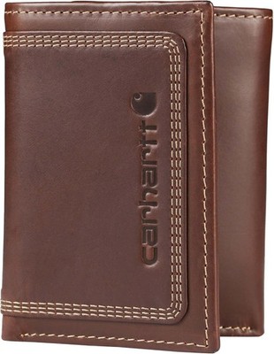 Carhartt Men's Rugged Leather Trifold Wallet Brown Triple Stitch
