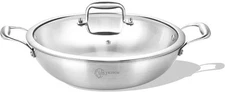 LOLYKITCH 13 Inch Tri-Ply Stainless Steel Wok with Lid Deep Frying Pan Induction