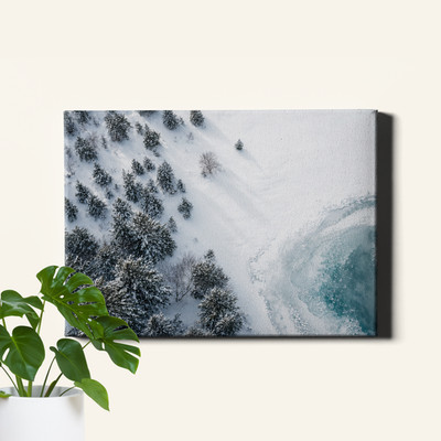 Aerial Frozen Pond in Winter Forest Canvas Print Icy Woodland Landscape Scene
