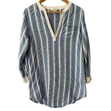 Haven Well Within V-Neck Pintuck Long Sleeve Striped Top Blue Size Medium