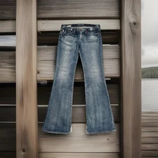 BIG STAR Sweet Low Boot Cut Jeans 28 L (30x31.5) Blue Distress Denim Womens