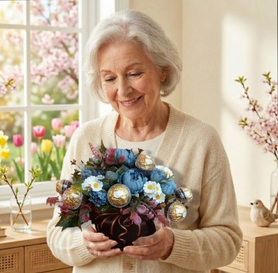 Süße Blumen - Präsent  zum Geburtstag Dankeschön Frühling Seidenblumen Pralinen
