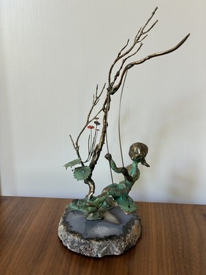 Vintage Malcolm Moran 1972 MCM Signed Bronze Amethyst sculpture Girl On Swing