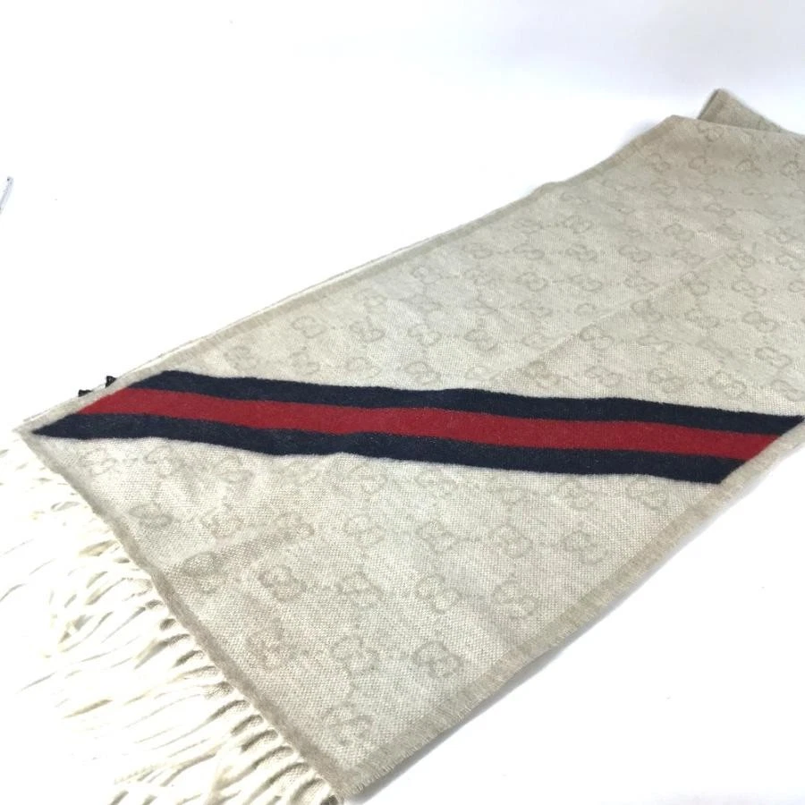 GUCCI Foulard GG Design Sherry Line franges beige laine L37 cm x H190 cm homme 