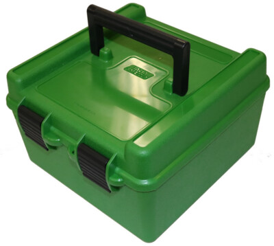 MTM R-100-10 GREEN CARRY HANDLE AMMO BOX - 22-250 TO 458 WIN - 100 RD - NEW