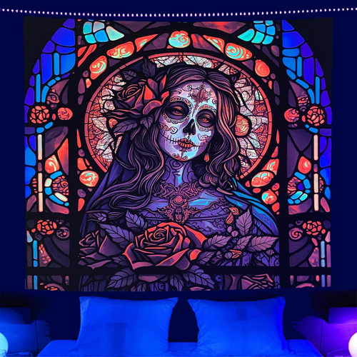 Blacklight Skull Tapestry, UV Reactive Skeleton Wall Hanging for Bedroom, 37"x29 - Picture 9 of 12