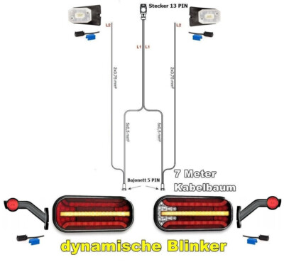 LED Rückleuchten Anhängerbeleuchtung Set Laufblinker Bajonett 7M Kabelbaum 13PIN