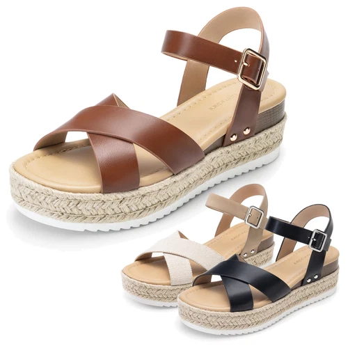 Damen-Espadrille Keilsandalen Kreuzriemen Plateau Sommer Freizeit Sandalen - Bild 1 von 30