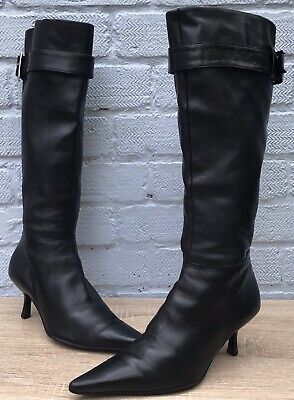 Buffalo London Uk Size 4 Black Knee Length Pointed Toe Kitten Heel Leather Boots Ebay