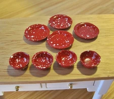 NEW 12 RED SPATTERWARE PLATES & BOWLS SET 1:12 Dollhouse Miniature DISHES