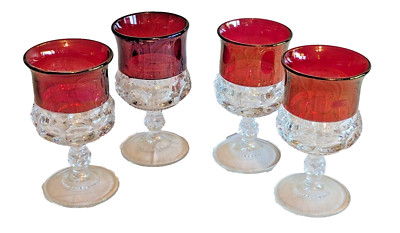 Lot of 4 Ruby Red Kings Crown Thumbprint Glass Goblet Vintage Set Cranberry