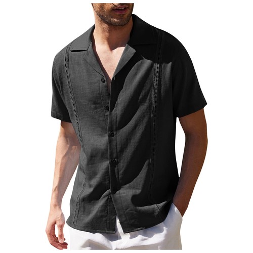 Camisa Top Verano Para Hombre Lino Suelta Informal Color Sólido Botón Cuello en V Manga Corta - Imagen 19 de 42