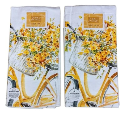 Set of 2 Sweet Home YELLOW BIKE Floral Terry Kitchen Towels by Kay Dee Designs