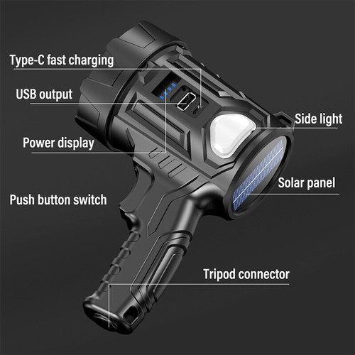900000000LM Solar LED USB Searchlight Rechargeable Spotlight Handheld Flashlight - Picture 6 of 13