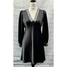 New Look A-Line Dress Black Satin Size 10 V-Neck Long Sleeve Diamante Cuffs BNWT