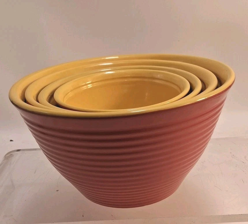 Vintage WCL Ribbed Pottery Nesting Mixing Bowls Set Salmon & Yellow Read Look